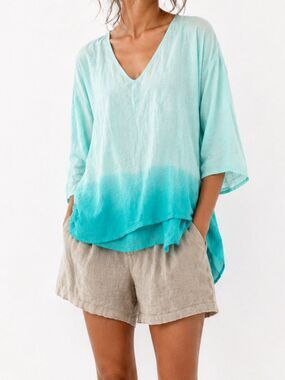 LA Fixsun 100% Linen Ombre Aqua Blue Layered Tunic Top Size Large Artsy